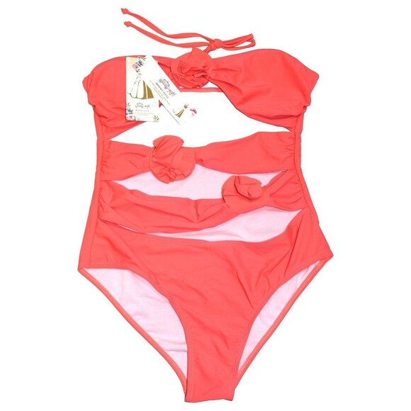 Women's Floral Bathing Suit Cut Outs with Sarong Cover up Wrap Skirt Peach Large - Picture 2 of 4